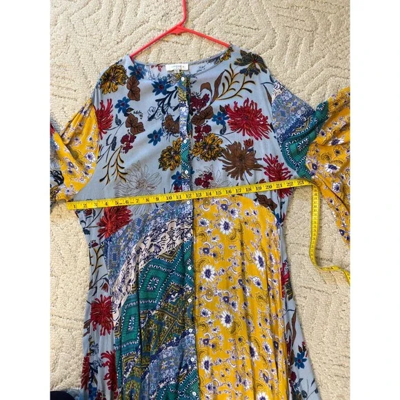 Umgee Patchwork Floral Print Handkerchief Uneven Hem Midi Dress Blue Yellow 1XL - Picture 6 of 7